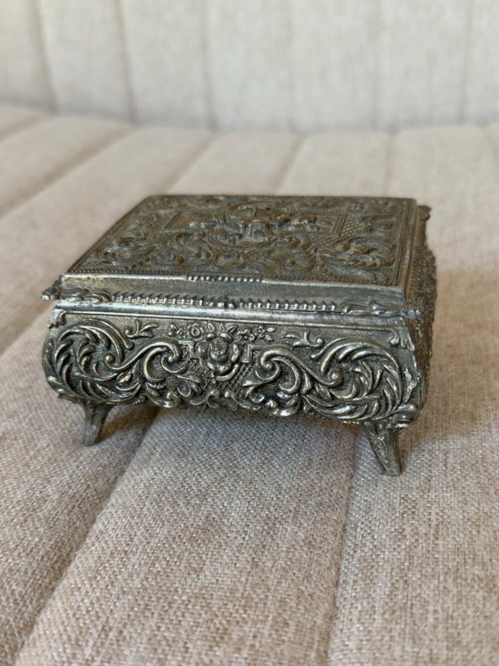 Vintage Japan Ornate Silver Tone Trinket Jewelry Box, Red Velvet